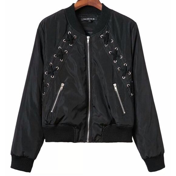 NLW Black Satin Criss Cross Bomber - Picture 2 of 7